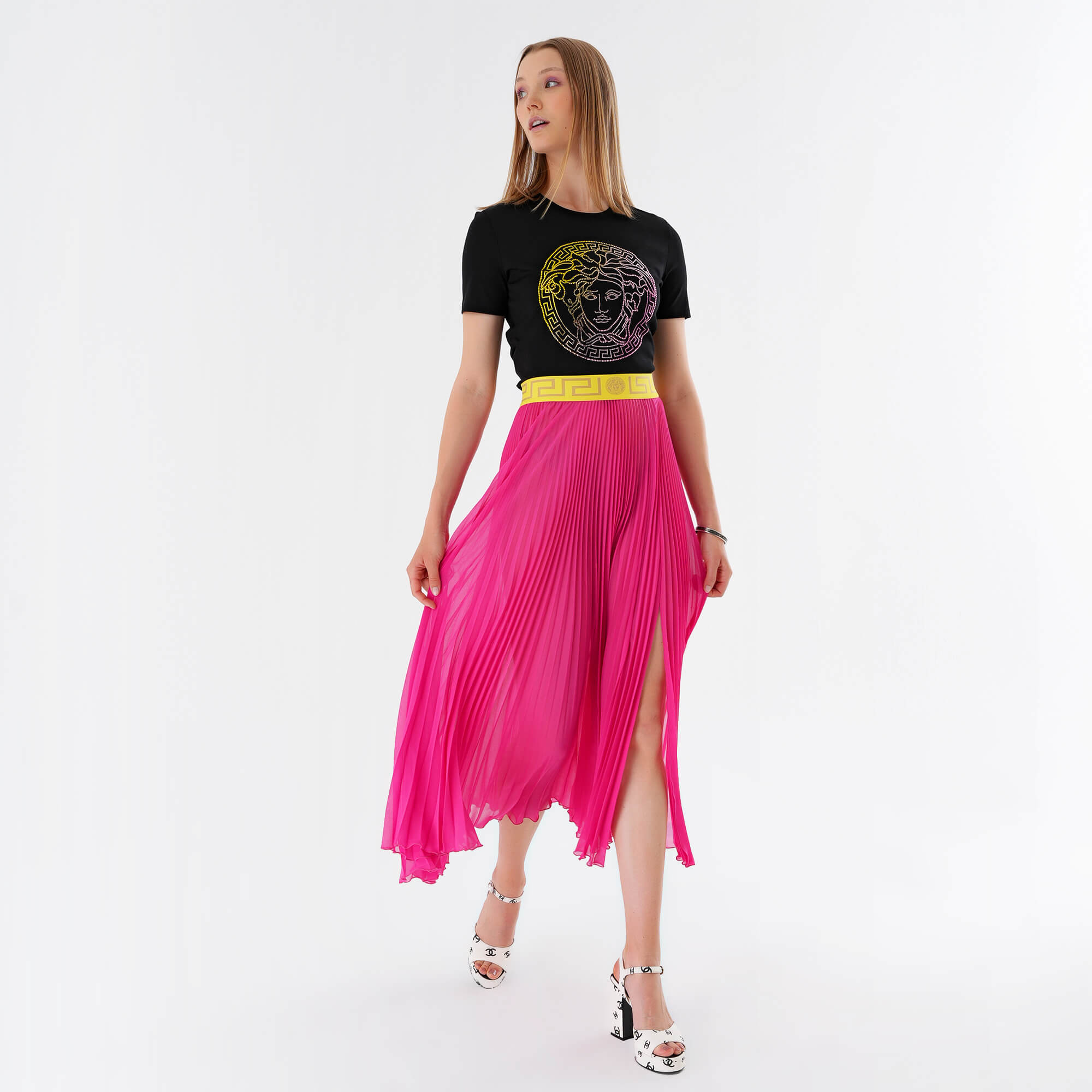 Versace - Pink & Yellow Printed Silk Long Skirt 40 